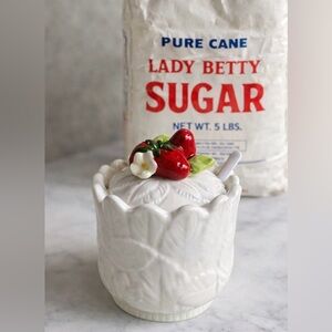 Strawberry sugar bowl with Lid - White Ceramic jar summer garden cottage decor